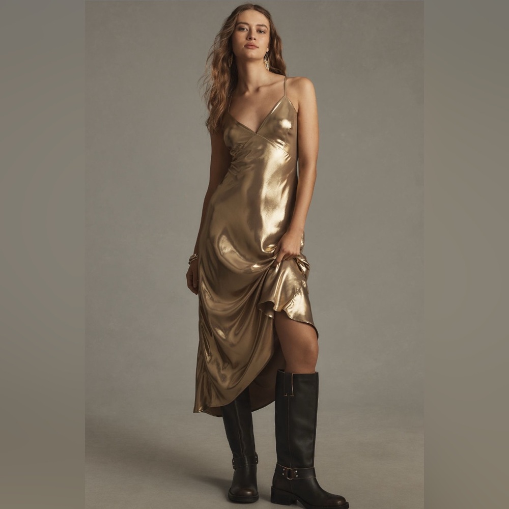 ✨ NWOT Anthropologie Metallic V-Neck Midi Slip Dress Sz LP